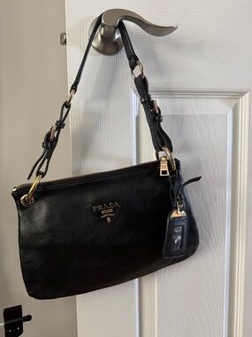 Prada Black Pebbled Leather Shoulder Bag with Gold-Tone Accents